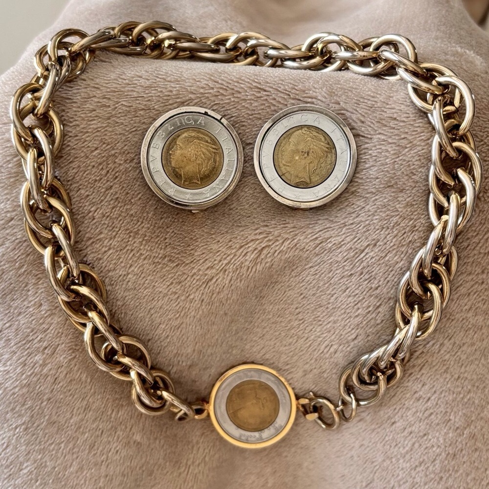 Italy 500 Lire Coin Choker Necklace & FREE Earrings Sold as a Set; Gold & Silver
